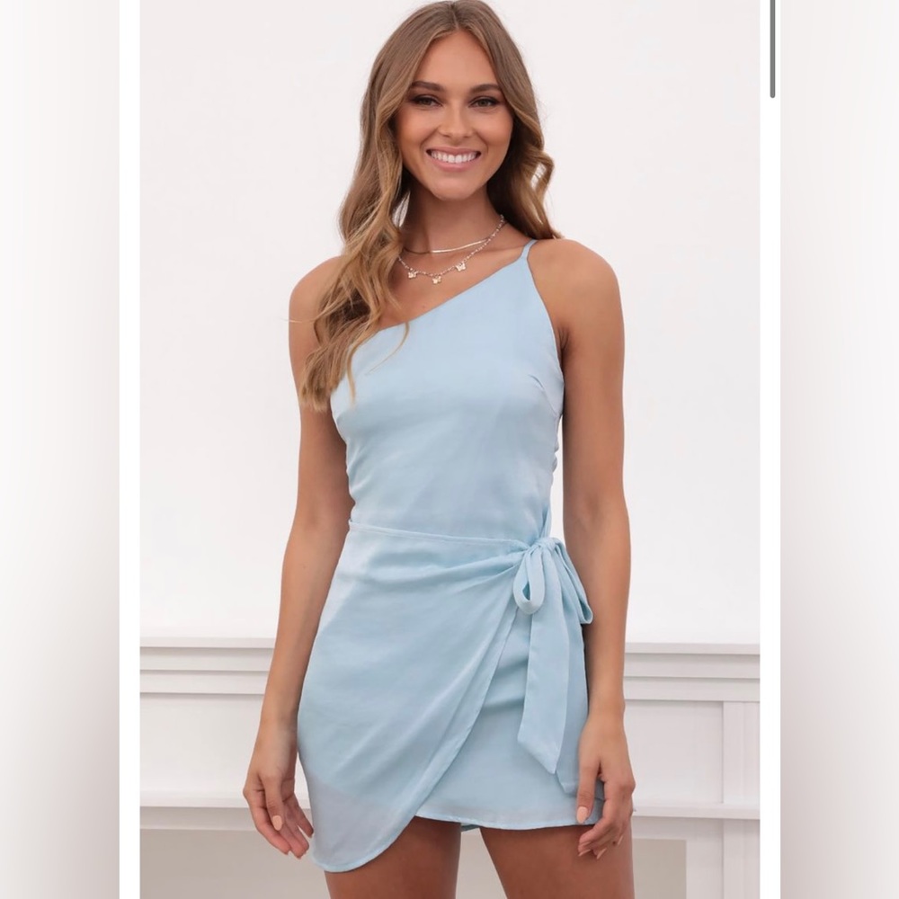 Lucy in the Sky Santorini Satin Wrap Dress in Dusty Blue | XS |